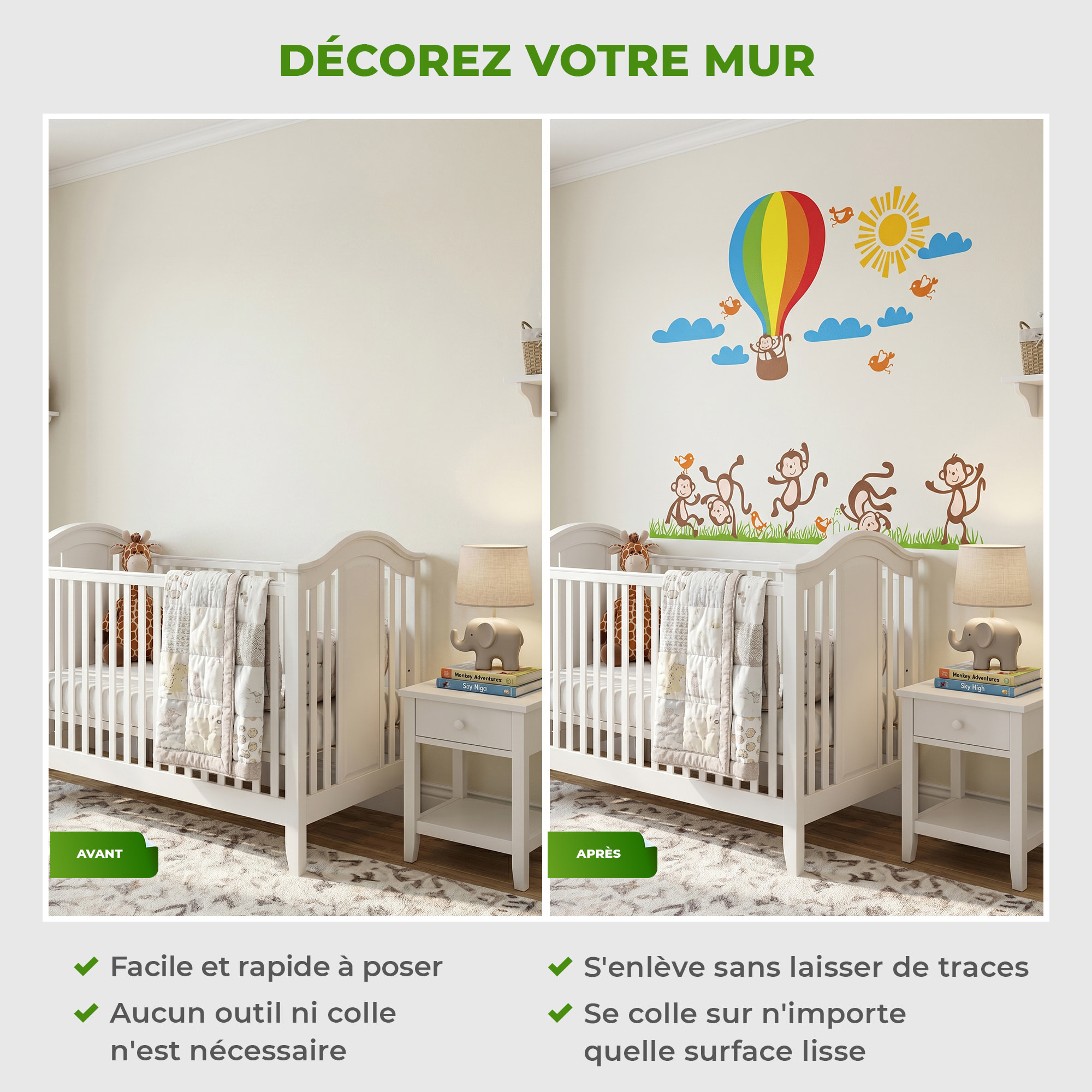 Stickers Muraux décoration adhésifs Singes, oiseaux et Montgolfière