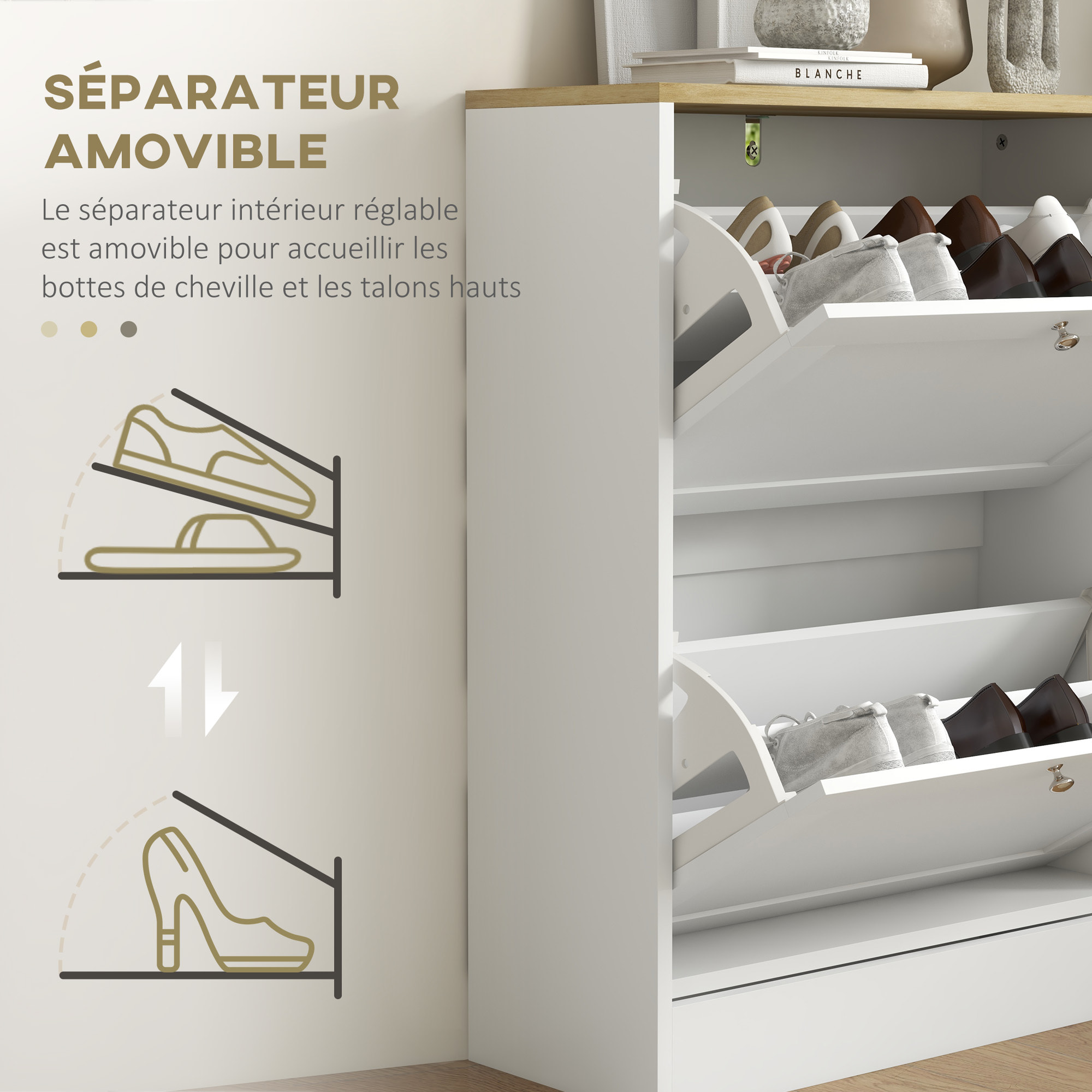 Meuble à chaussures 2 tiroirs rabattables blanc effet bois chêne clair