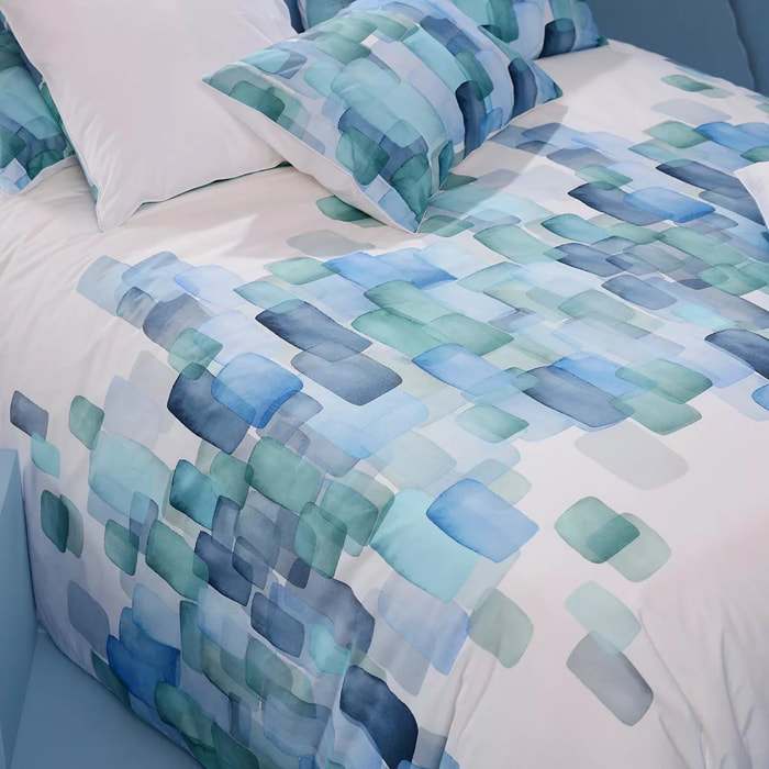 Lot h.couette +taies percale de coton 115 g/m² imprimé vert bleu Ondine mineral