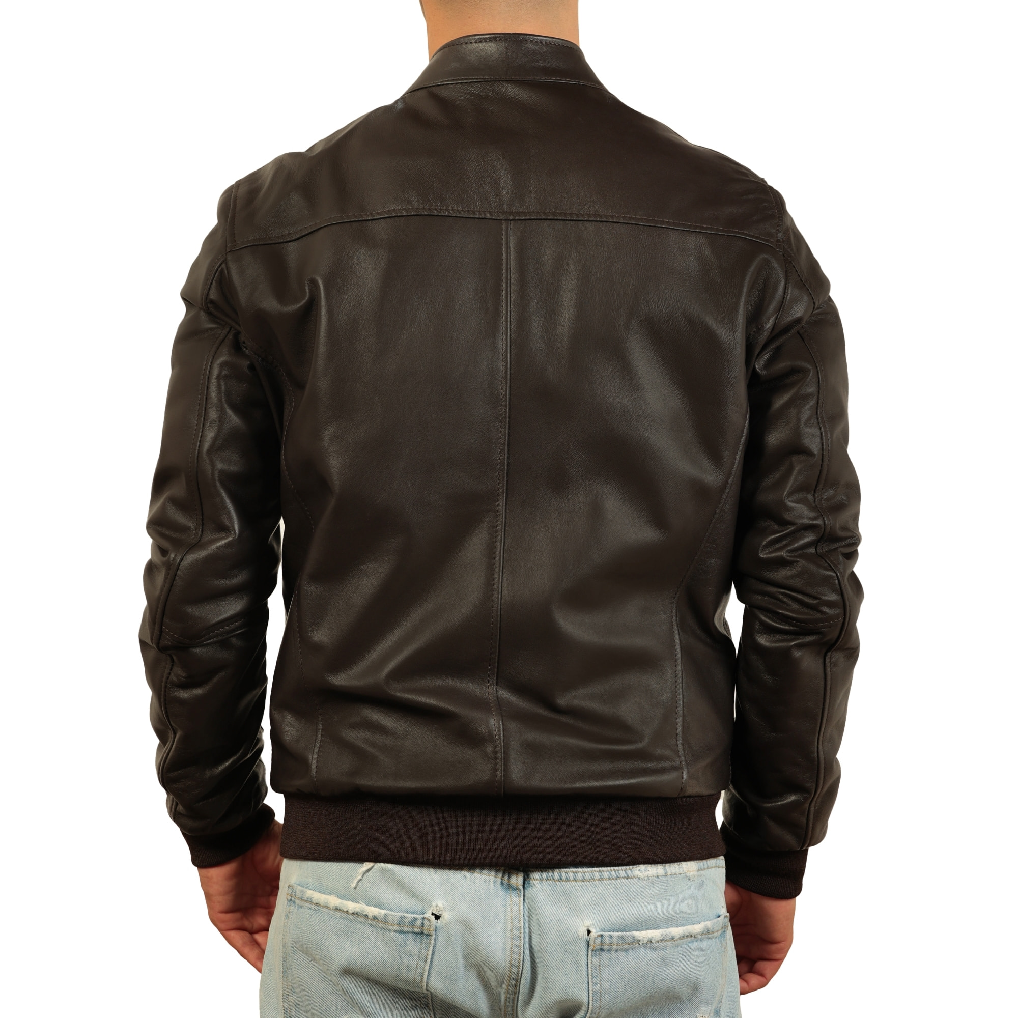 Giubbino in vera pelle di vitello foderato con trapunta invernale Marrone-Slim Fit