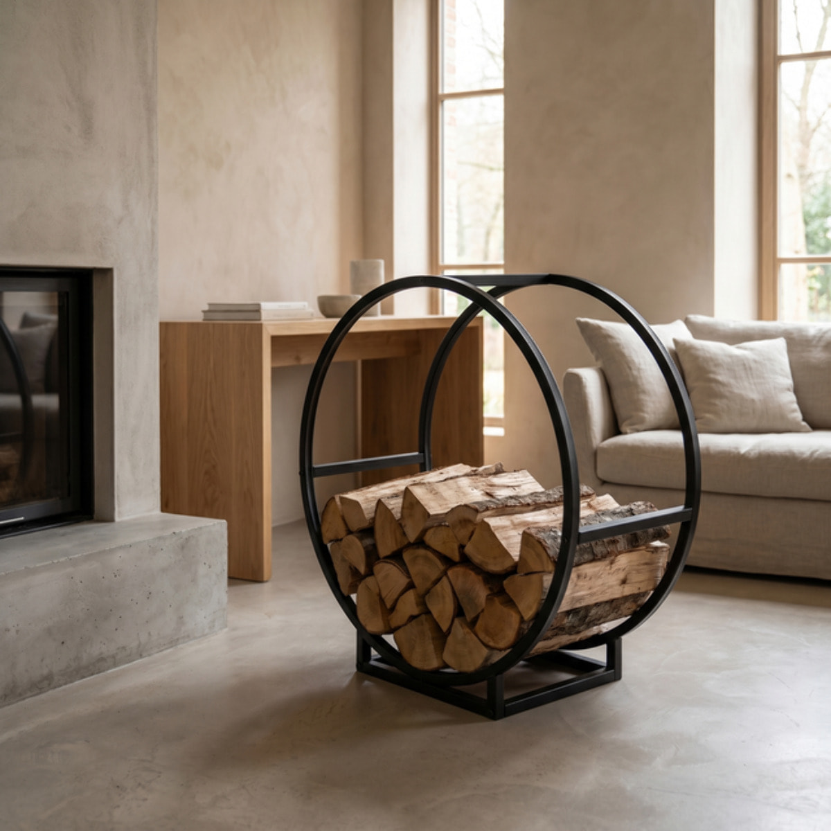 Portalegna in acciaio Baines 55 cm, supporto legna design circolare moderno nero opaco, organizer per camino e stufa resistente e stabile, salvaspazio elegante per soggiorno veranda e area barbecue
