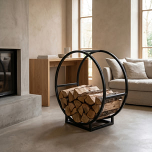 Portalegna in acciaio Baines 55 cm, supporto legna design circolare moderno nero opaco, organizer per camino e stufa resistente e stabile, salvaspazio elegante per soggiorno veranda e area barbecue