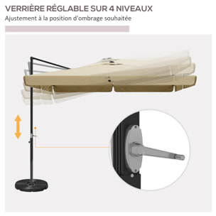 Parasol déporté carré inclinable manivelle avec piètement croix alu beige