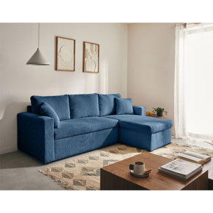 Cyrus - canapé d'angle réversible 4 places - convertible avec coffre - en velours côtelé - Bleu