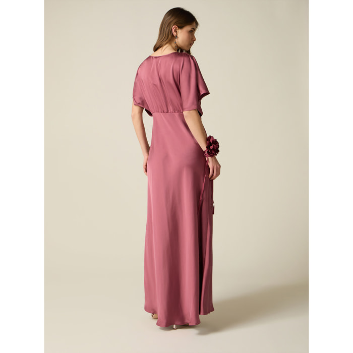 Oltre - Vestito lungo in raso con applicazione floreale - Rosa