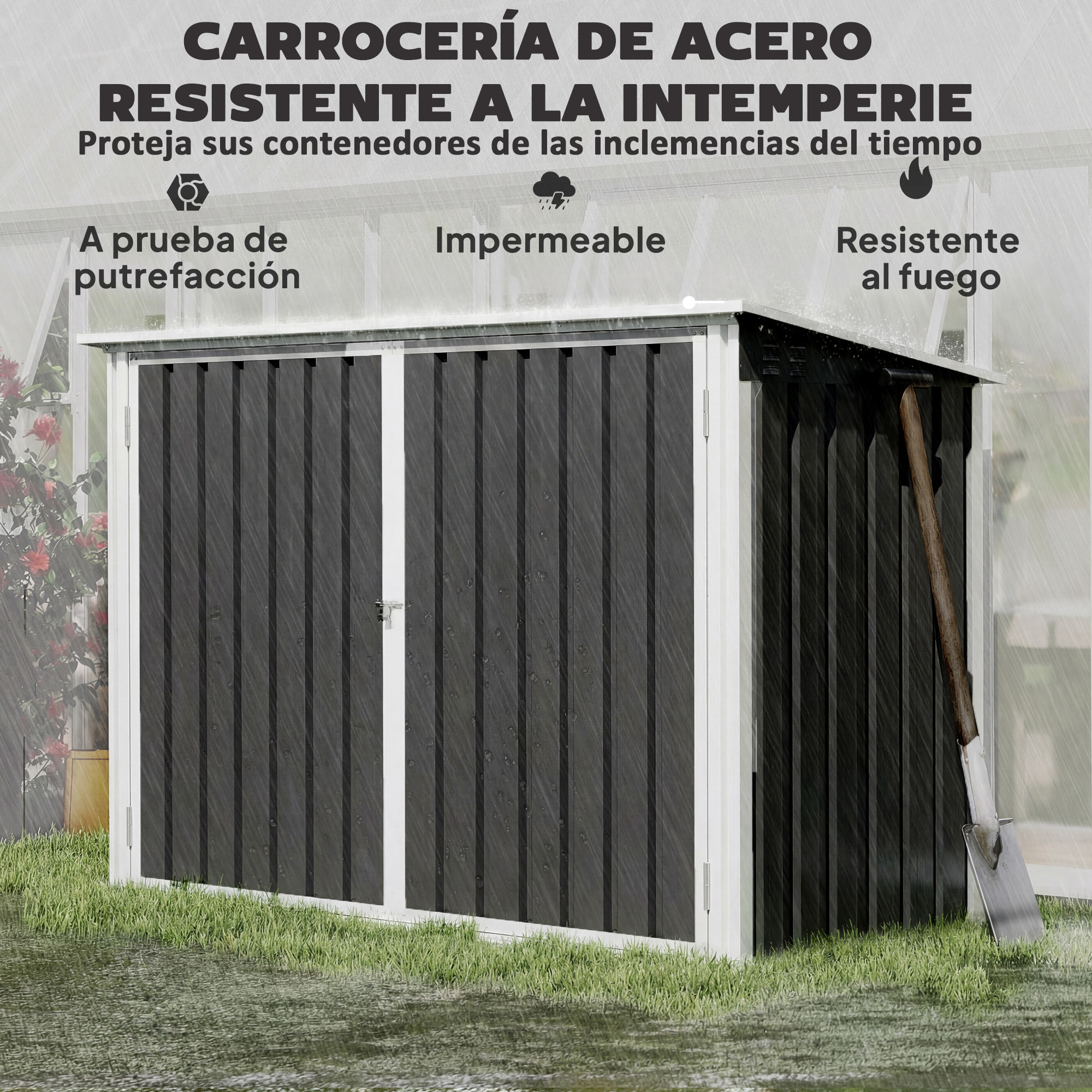 Cobertizo para Contenedor de Basura Doble, Caseta para Cubo de Basura de Acero Galvanizado con Tapa Abatible y Puertas Doble, para Jardín, Exterior, 179,5x108x129,5 cm, Gris Oscuro