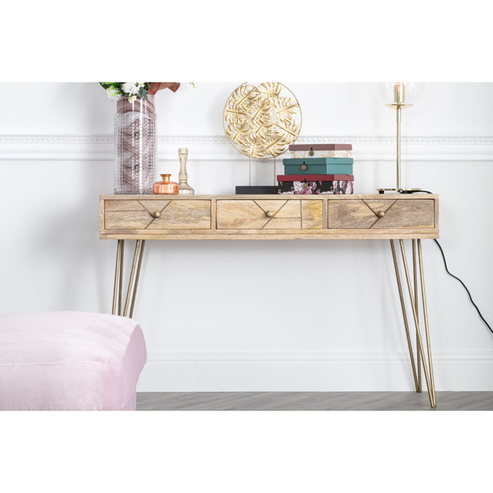 Console avec rangements 3 tiroirs en bois manguier massif gravé et métal doré L120 cm LINIUM