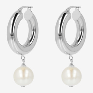 PERLAVIVA - Orecchini a Cerchio in Argento 925 placcato Oro Bianco 18Kt con Perle Ming d'Acqua Dolce Bianche Ø 12/13 mm