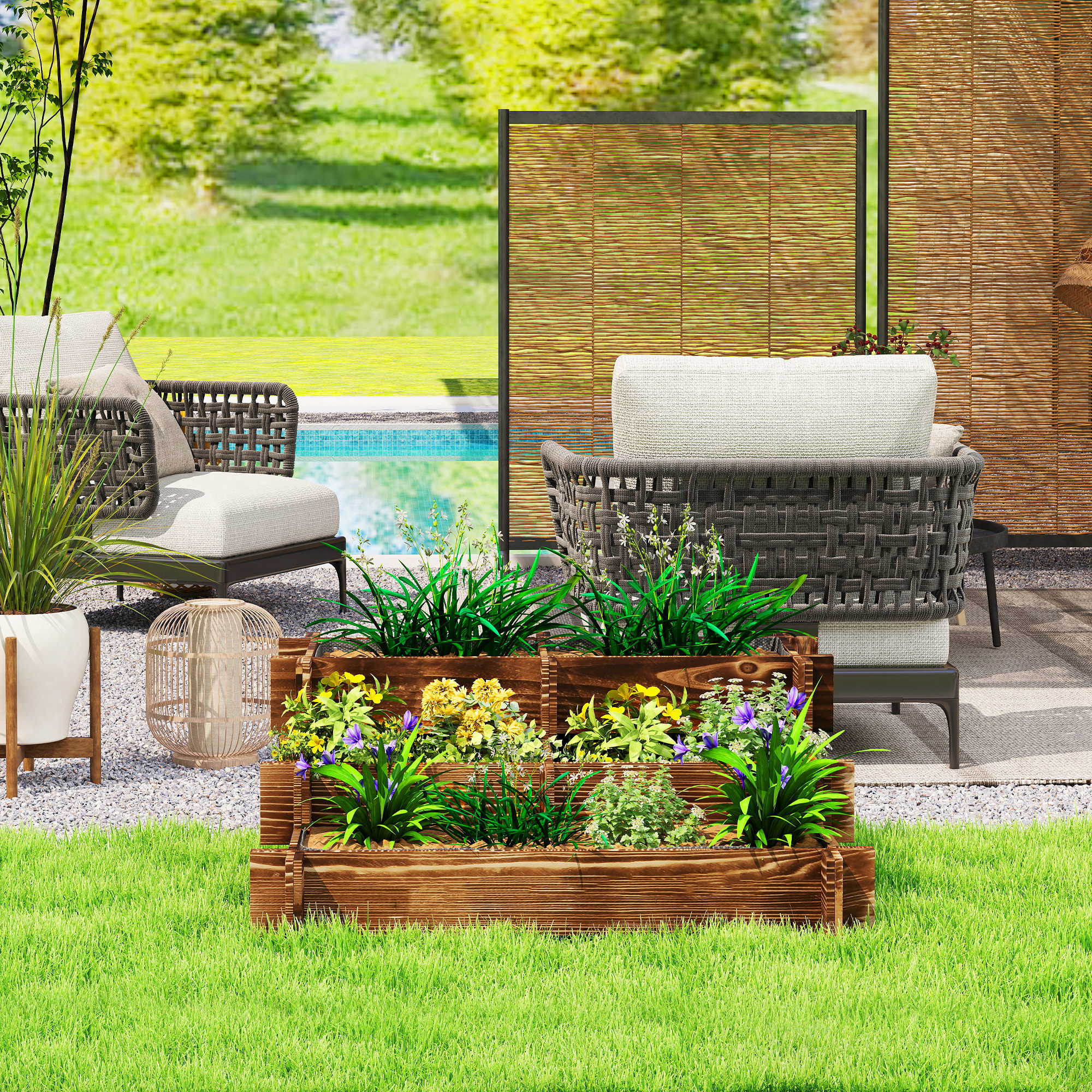 Jardinera de Madera Arriate de Jardín de 3 Niveles con Diseño de Escalera y Tela no Tejida Huerto Urbano para Cultivos Plantas Flores para Terraza Jardín 93x93x35 cm Carbonizado