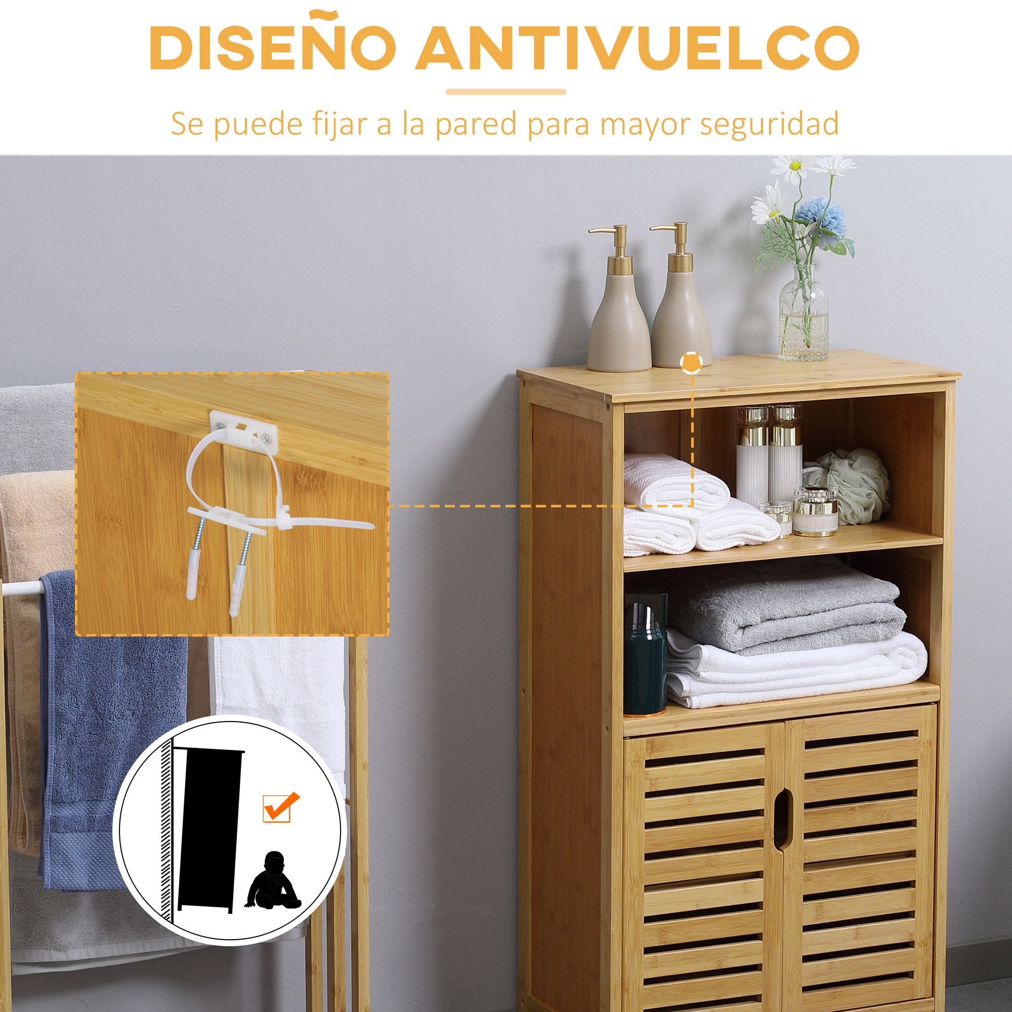 Armario Auxiliar de Baño de Bambú Mueble de Baño Estrecho con 2 Puertas 2 Estantes Abiertos y Patas Elevadas 50x29x92 cm Natural