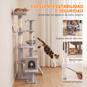 Árbol Rascador para Gatos 152 cm, Torre para Gatos Multinivel con Cueva, Hamaca, Cama, 4 Postes de Sisal, Escalera Rascadora, 3 Bolas Colgantes, Tela de Felpa, para 1-2, Gris Claro