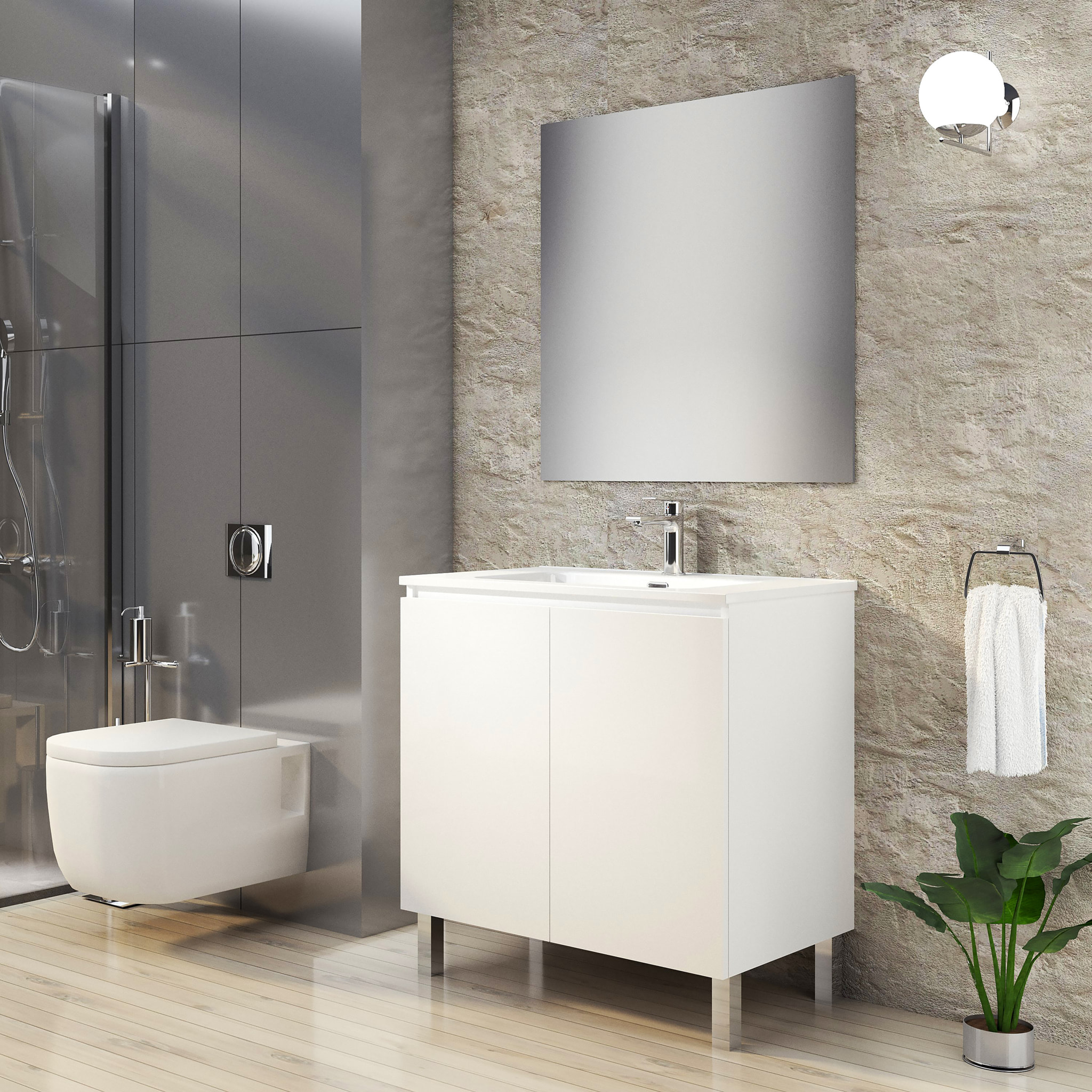 Conjunto de Baño Lust | 80 cm Blanco | Dos Puertas | Lavabo Encastrado | No incluye Espejo | Mueble Montado | Alday
