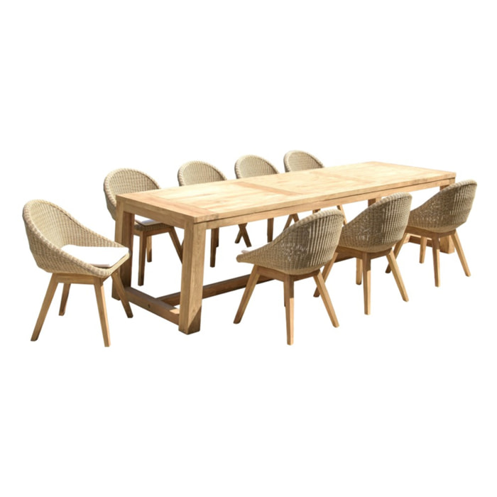 KALLY - Ensemble de jardin en bois teck recyclé rotin synth. 8/10 pers