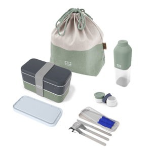 Set repas complet lunch box 2 étages 1L bleu/vert + accessoires