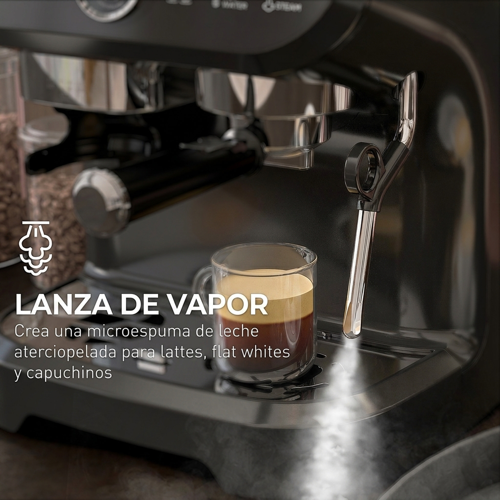 HOMCOM Cafetera Espresso 15 Bares 1600W con Molinillo de 15 Niveles, Vaporizador de Leche, Depósito Agua 2L y Grano 150g, 1 o 2 Tazas, Calientatazas, para Capuchino y Latte, Acero Inoxidable, Negro