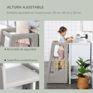 Torre de Aprendizaje para Niños Taburete Infantil con Altura Ajustable en 3 Posiciones y Plataforma Antideslizante para Cocina Comedor Baño 47x47x90 cm Gris