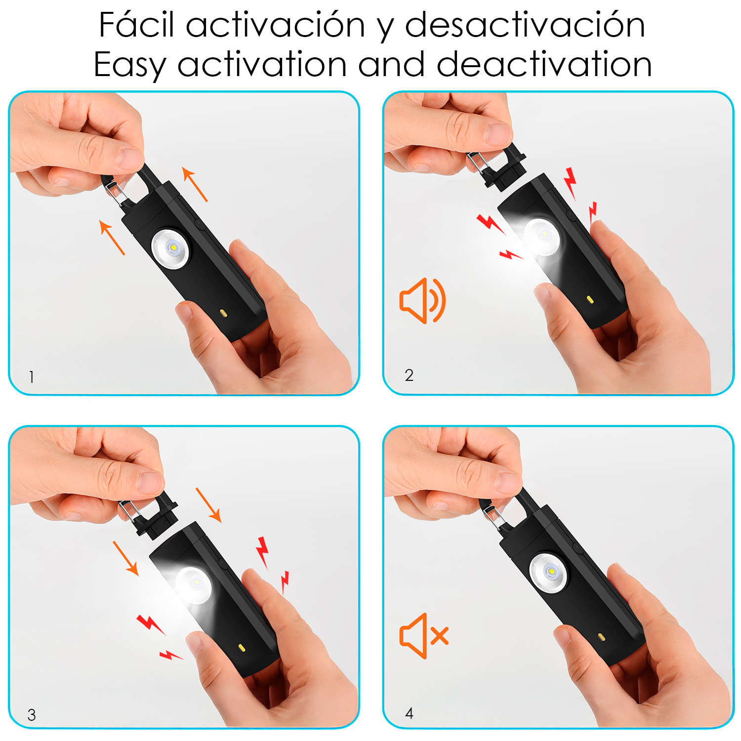 Alarma SOS personal con luz LED brillante de 40lm y sonido de 130dB. Batería recargable y activación rápida por tirón de anilla.