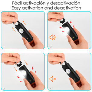 Alarma SOS personal con luz LED brillante de 40lm y sonido de 130dB. Batería recargable y activación rápida por tirón de anilla.