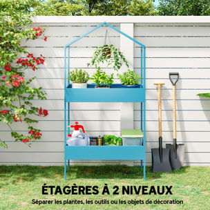 Étagère à plantes en métal 2 niveaux forme de maison bleu