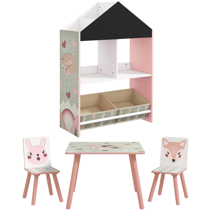 Conjunto para Niños Incluye 1 Estantería para Juguetes con Pizarra Pintable 2 Cajas de Tela no Tejida y 1 Mesa Infantil con 2 Sillas para Dormitorio Sala de Juegos Rosa