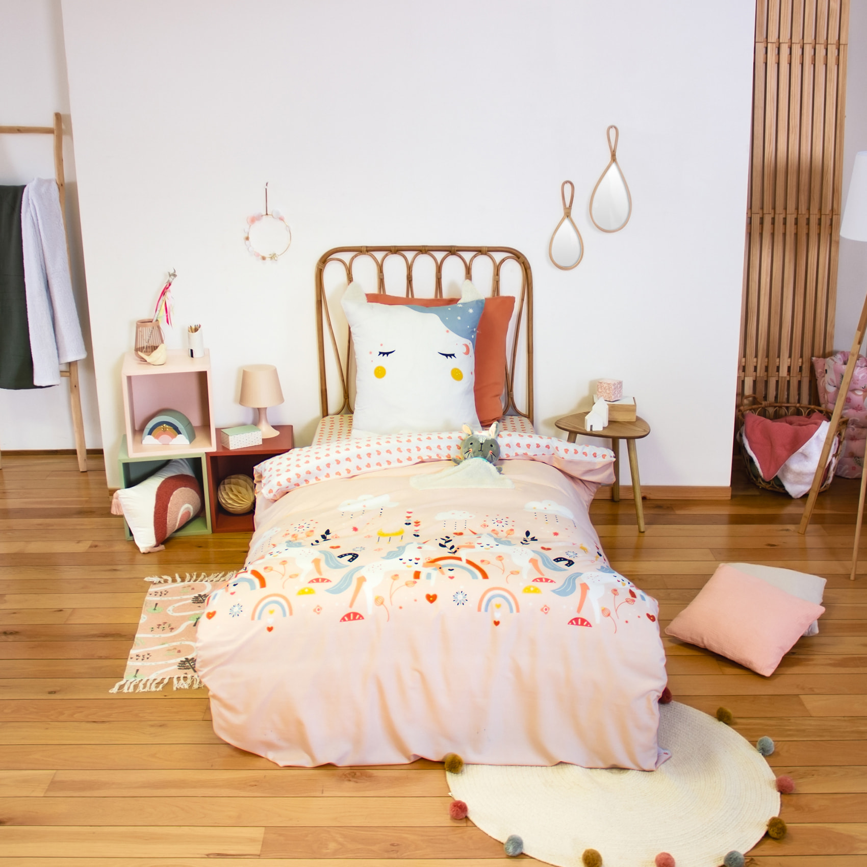 Parure de lit enfant licorne avec poche pour doudou - Rose