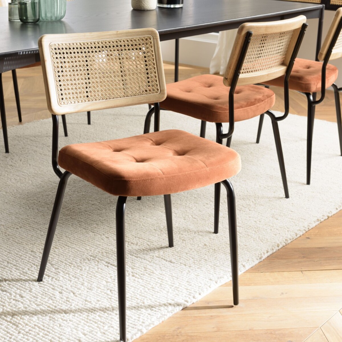 AGATHE- Lot de 2 chaises métal noir assise velours orange dossier rotin