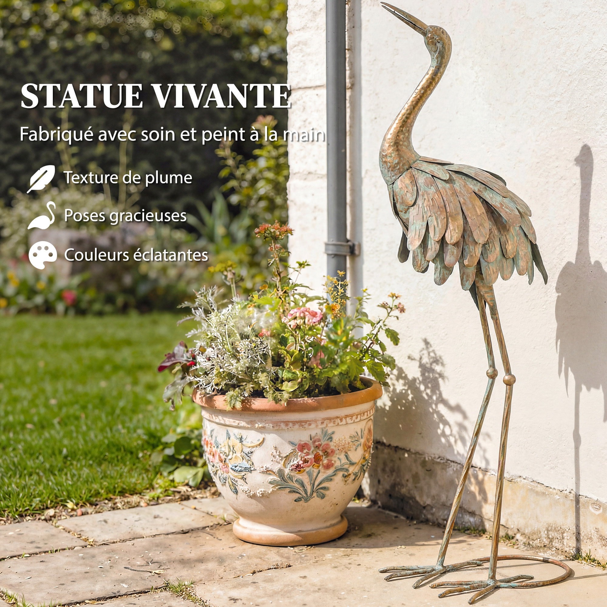 Lot de 2 statues de jardin héron - décoration de jardin - métal doré effet vieilli
