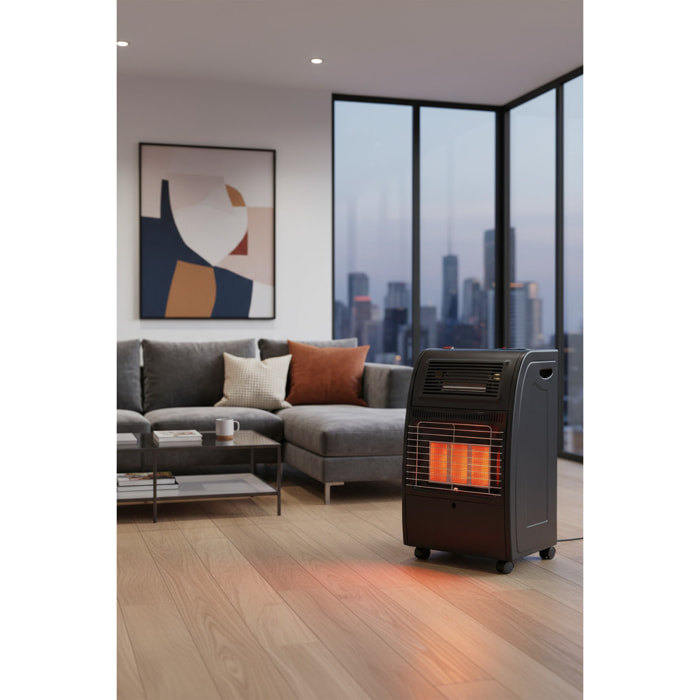 Stufa Catalitica a Gas GPL 4200 W Con Infrarossi Ventilata Turbo 1500 W Ambienti Fino A 80 m² 3 Livelli di Potenza con Antiribaltamento Con Ruote Nero