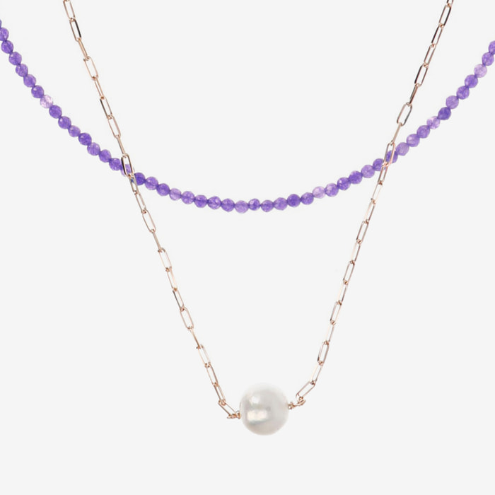 Doppia Collana Girocollo con Quarzite Viola e Maglia Forzatina con Perla Ming Bianca Ø 11 mm in Argento 925 placcato Oro rosa 18Kt