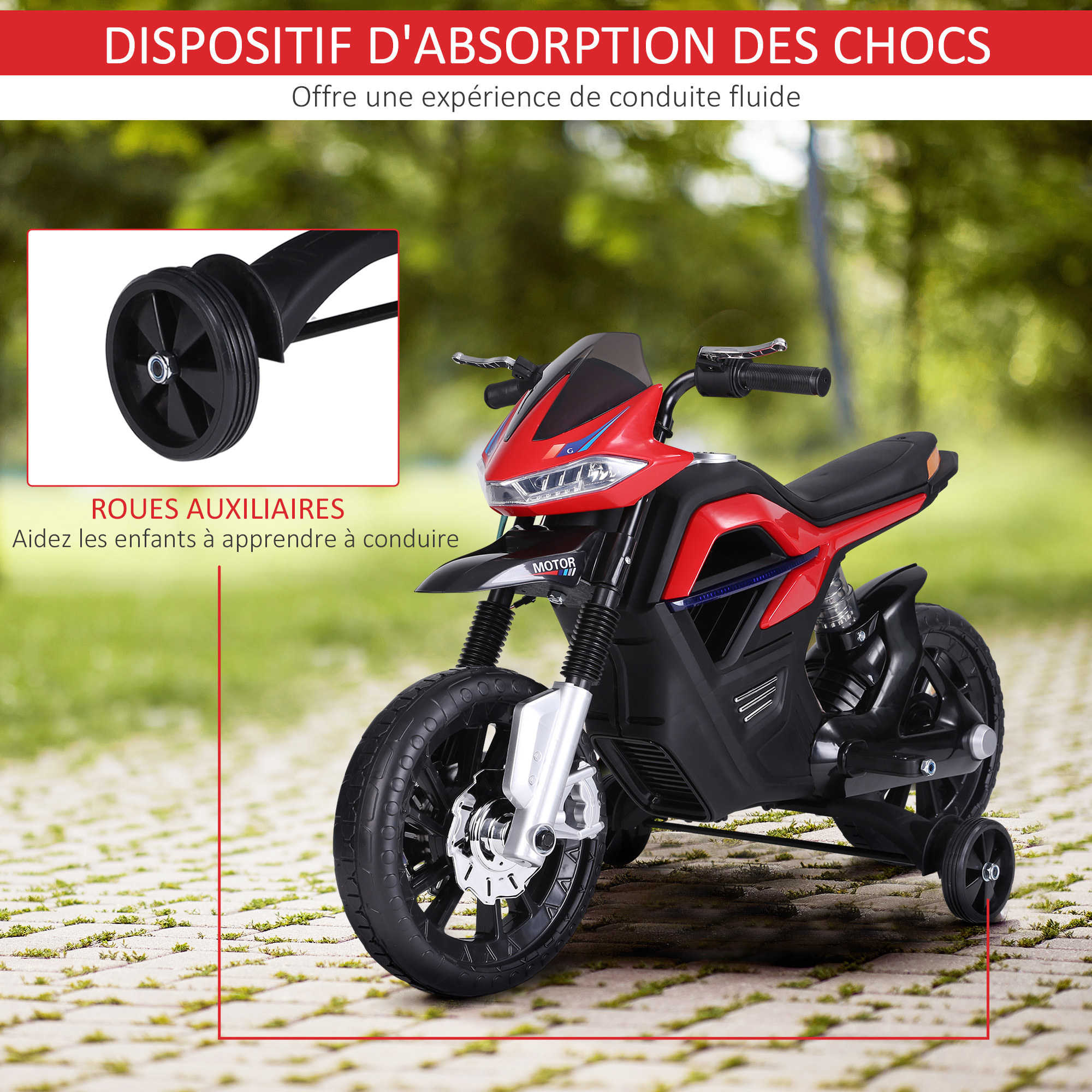 Moto électrique pour enfants 25 W 6 V 3 Km/h effets lumineux et sonores roulettes amovibles rouge