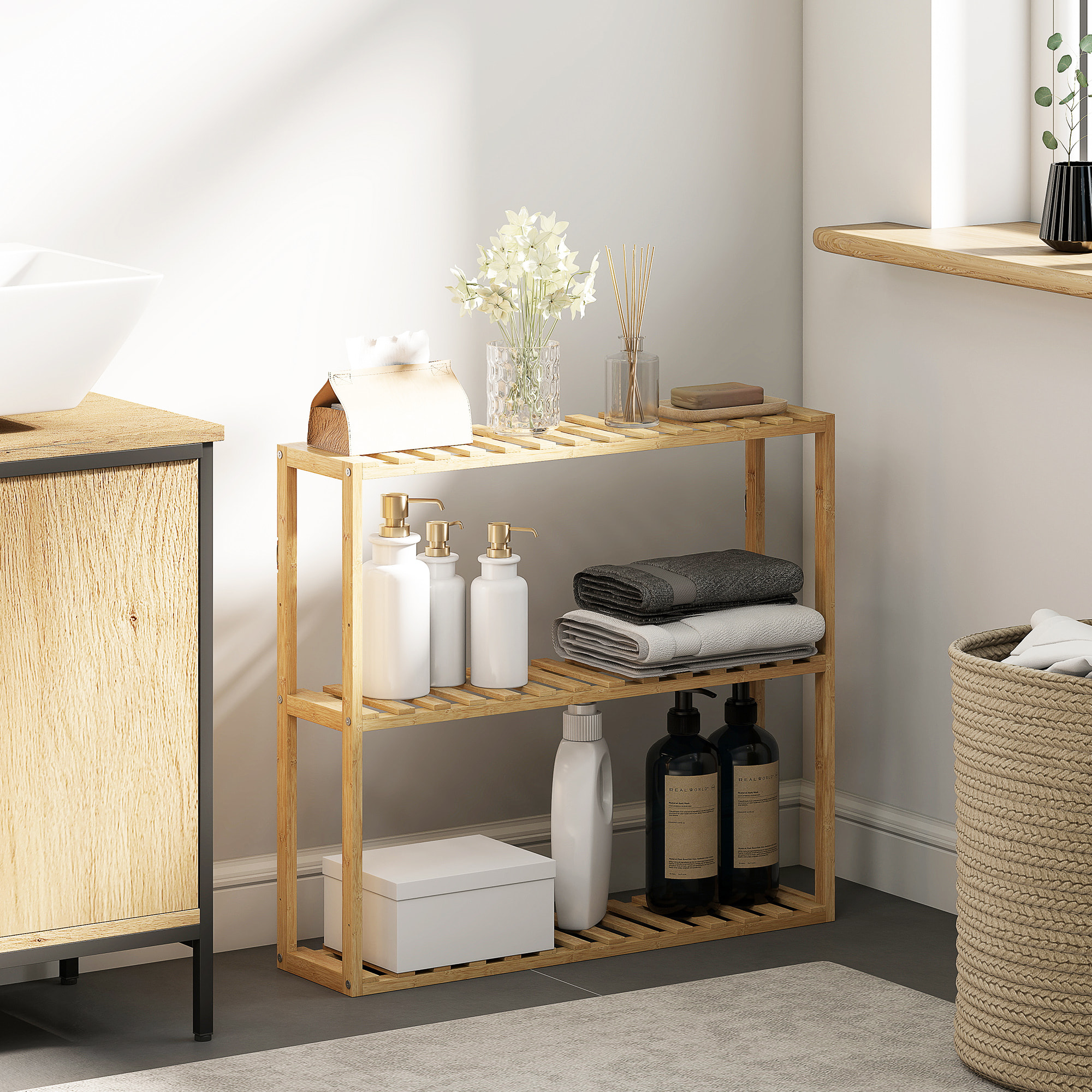 Étagère salle de bain bois bambou verni 3 niveaux réglables étagères à lattes dim. 43 x 31 x 80 cm