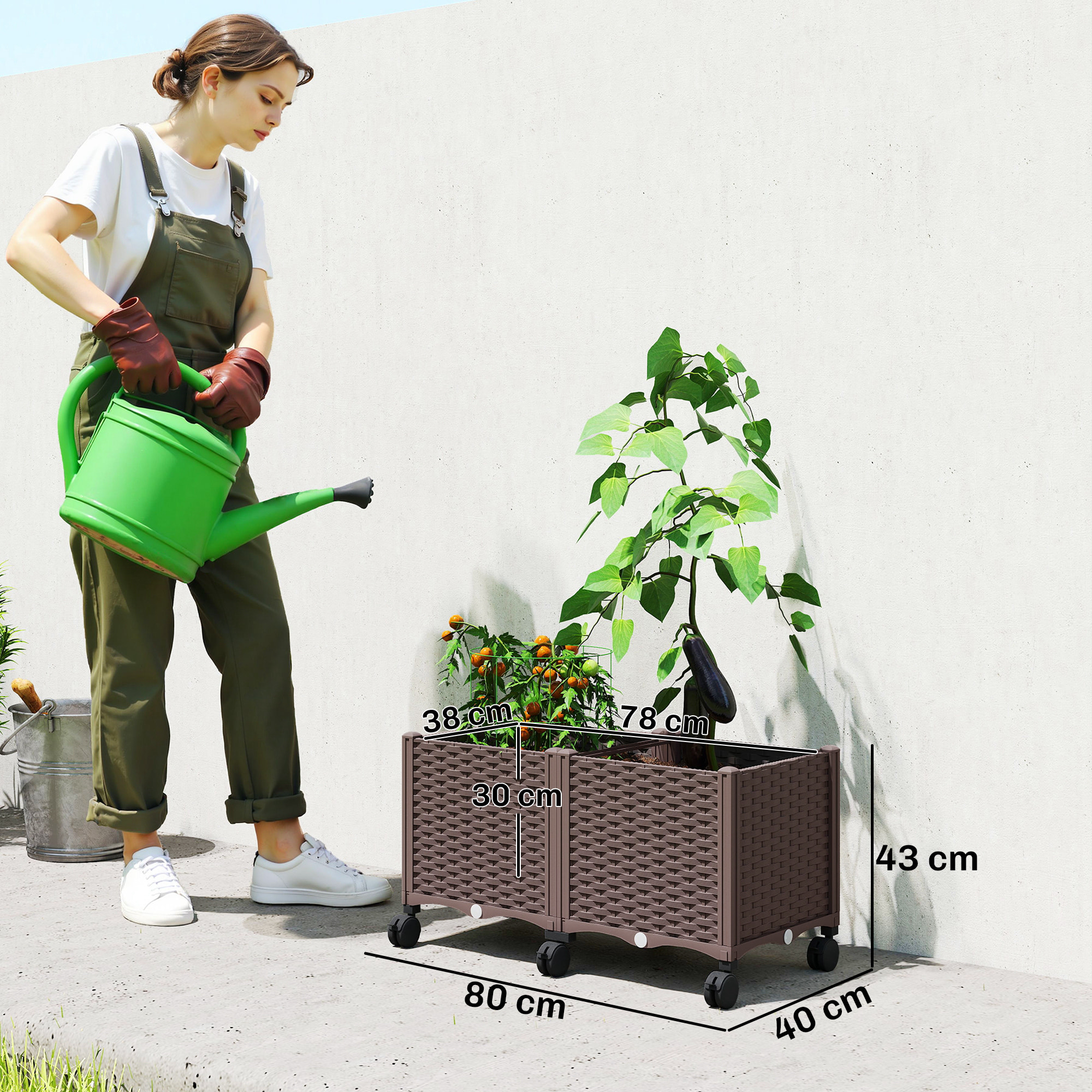 Jardinera Elevada con 6 Ruedas, Jardinera Exterior Móvil de Plástico con Riego Automático y Drenaje, Macetero Exterior para Cultivos, Plantas, Jardín, Terraza, 80x40x43 cm, Marrón