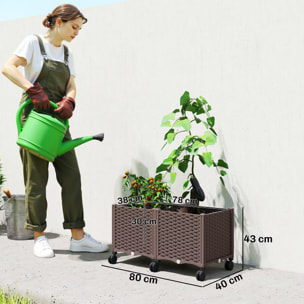 Jardinera Elevada con 6 Ruedas, Jardinera Exterior Móvil de Plástico con Riego Automático y Drenaje, Macetero Exterior para Cultivos, Plantas, Jardín, Terraza, 80x40x43 cm, Marrón