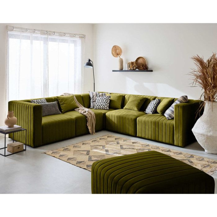 Nova - canapé modulable d'angle réversible - 6 places - avec pouf d'appoint - en velours - Vert Olive