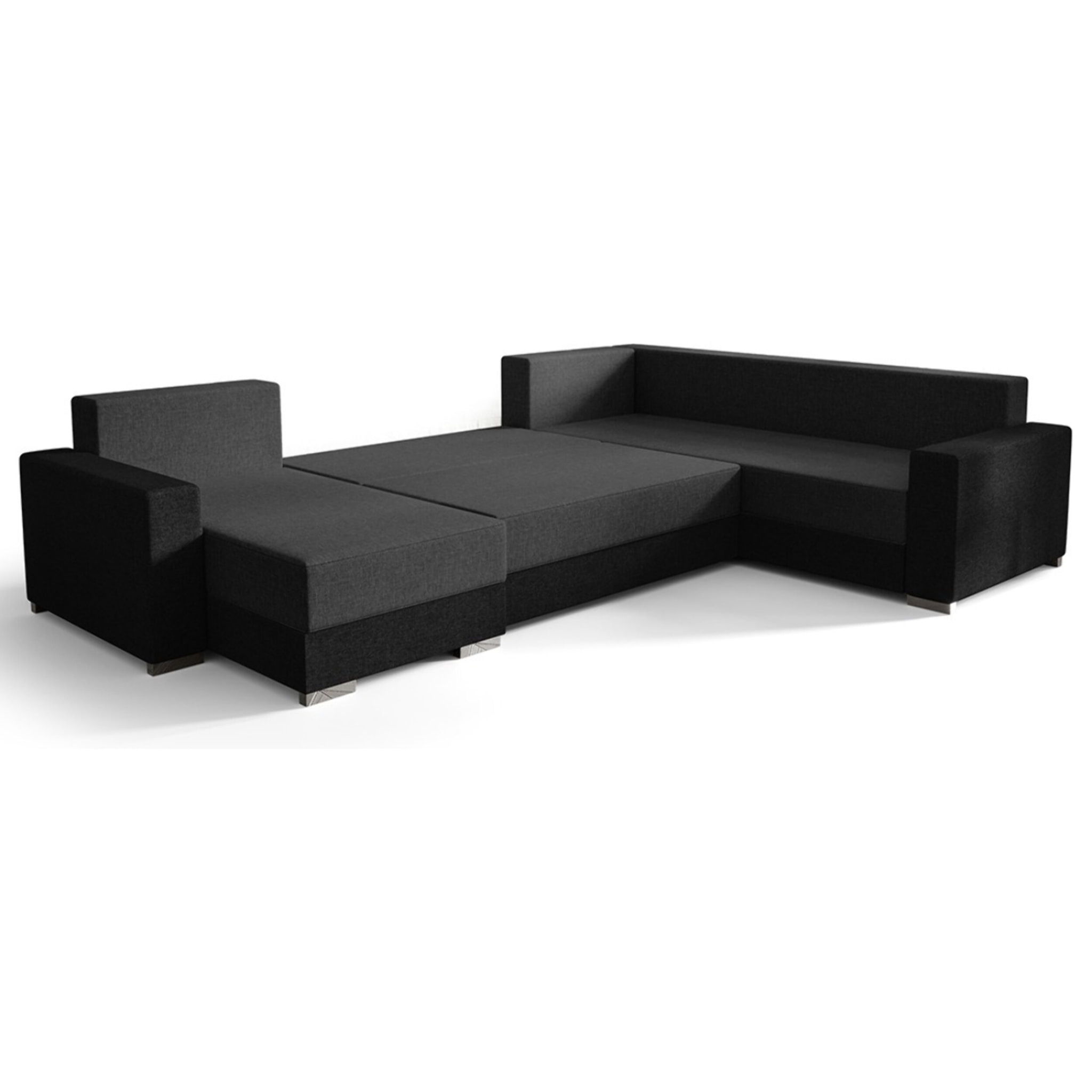 Epona - Canapé panoramique d'angle réversible 7 places convertible avec coffre en tissu - Gris / Noir