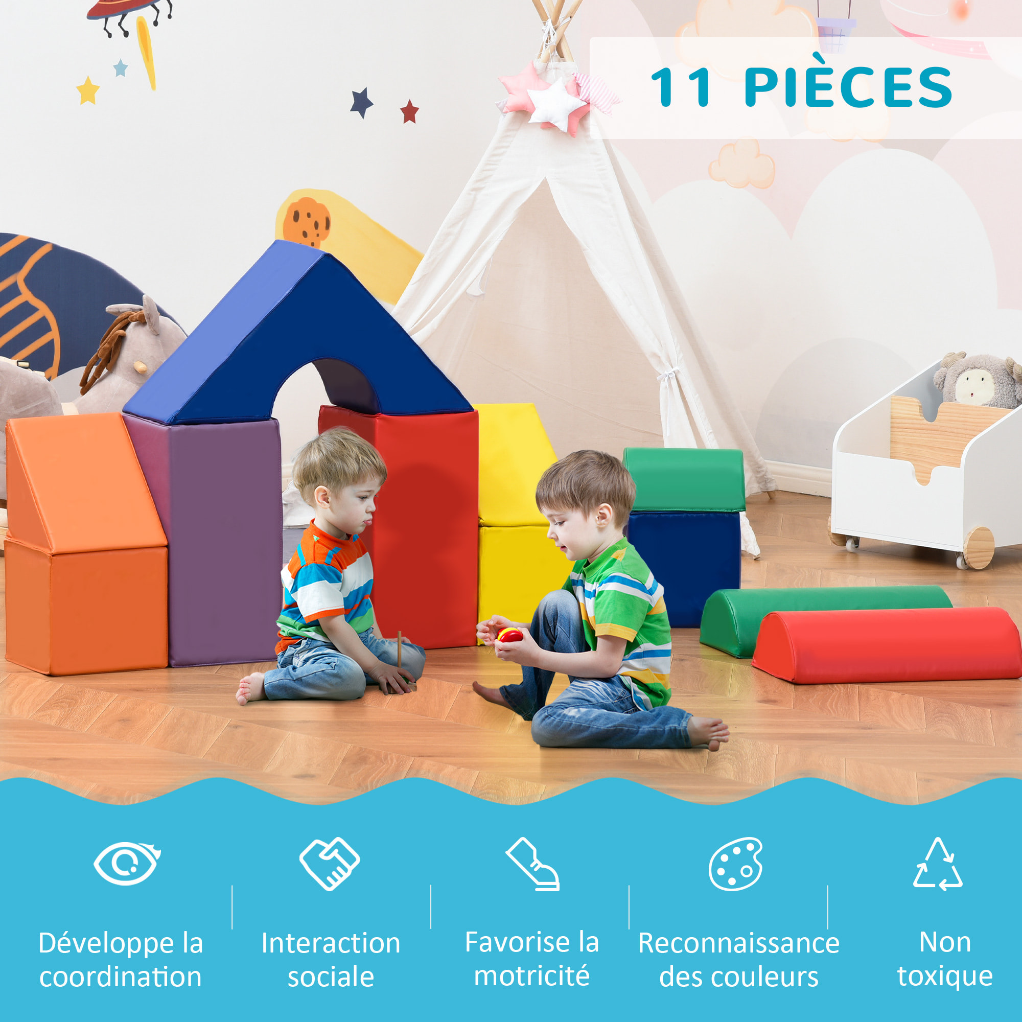 11 blocs de construction en mousse XXL - modules de motricité - jouets éducatifs - certifiés normes EN71-1-2-3 - mousse EPE revêtement PU multicolore