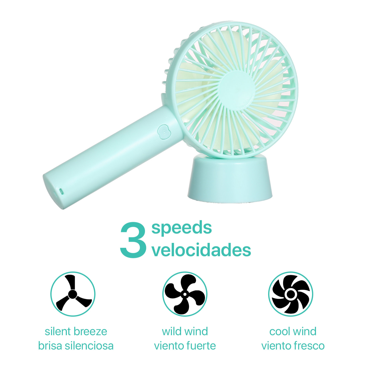 Mini ventilatore portatile a batteria ricaricabile con base da tavolo.