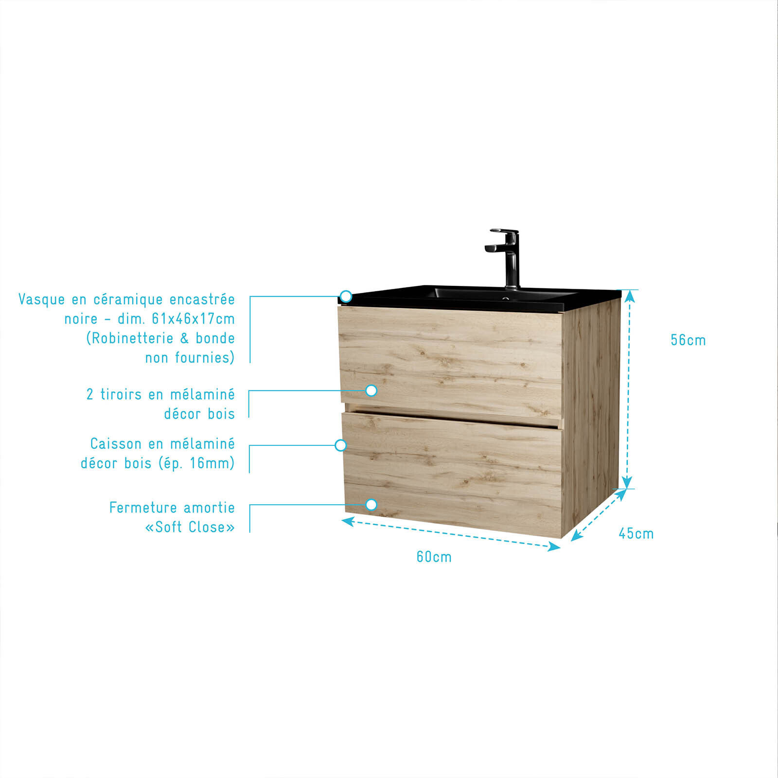 Meuble de salle de bains 60 cm 2 Tiroirs Chêne Naturel + Vasque Céramique Noire - TIMBER