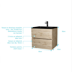 Meuble de salle de bains 60 cm 2 Tiroirs Chêne Naturel + Vasque Céramique Noire - TIMBER
