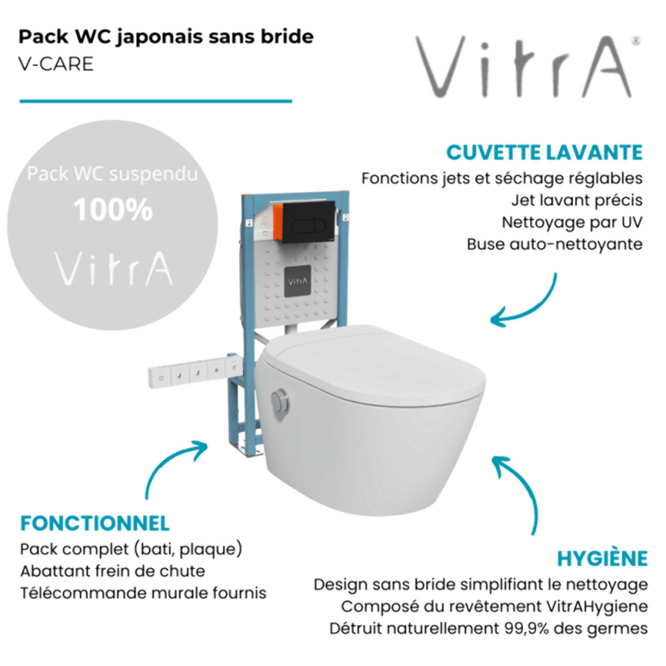 Pack WC lavant suspendu sans bride avec abattant et attentes électriques V-Care Ultra blanc + bâti autoportant V-Fix Easy + plaque noir mat
