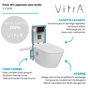Pack WC lavant suspendu sans bride avec abattant et attentes électriques V-Care Ultra blanc + bâti autoportant V-Fix Easy + plaque noir mat