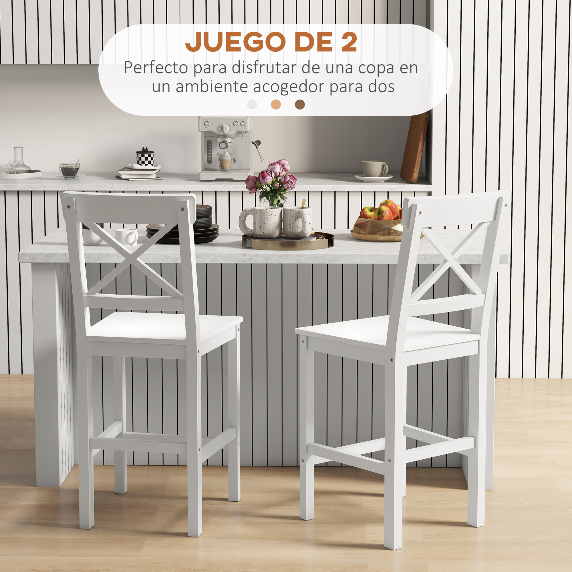 Juego de 2 Taburetes Altos de Cocina, Taburetes de Bar de Madera con Reposapiés y Respaldo Cruzado, Carga 120 kg, para Comedor, Mostrador, Blanco