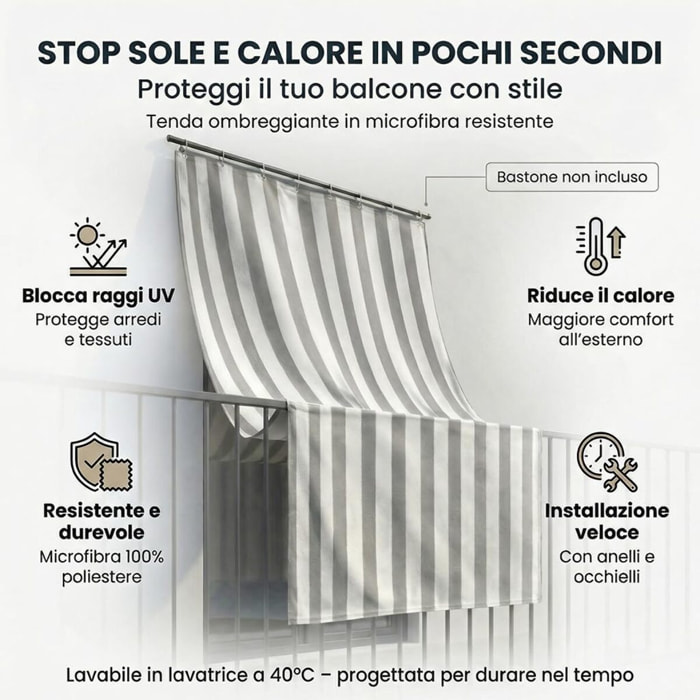 Tenda da sole a caduta impermeabile per balconi e verande con occhielli, telo parasole resistente a pioggia e raggi UV, riduce calore e luce, aumenta privacy, facile installazione, tessuto in poliestere durevole, ideale per esterno e protezione arredi