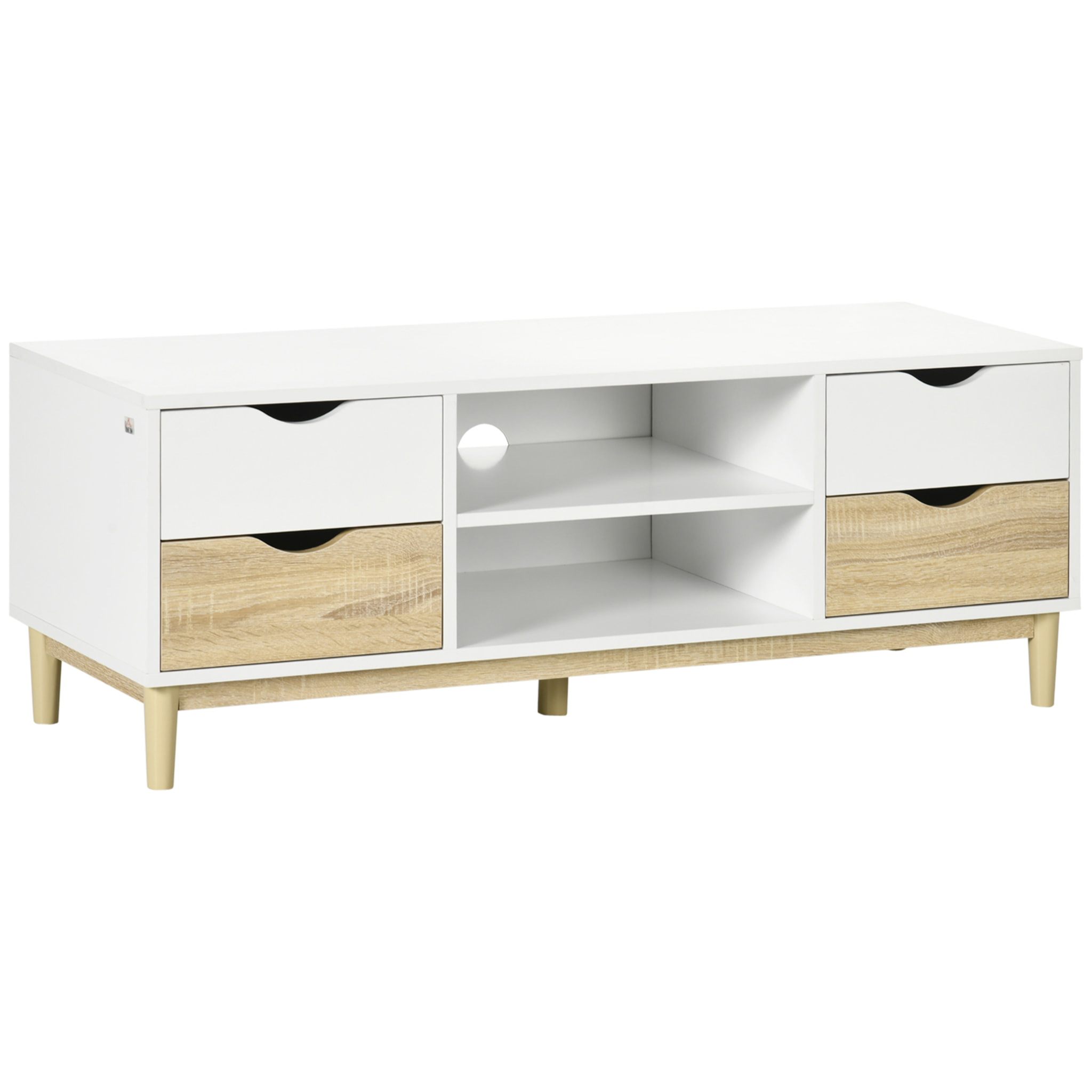 Mueble TV de Salón Mesa para TV para Televisores de hasta 55" con Estantes de Almacenamiento y 4 Cajones para Dormitorio 120x40x44,5 cm Blanco y Roble