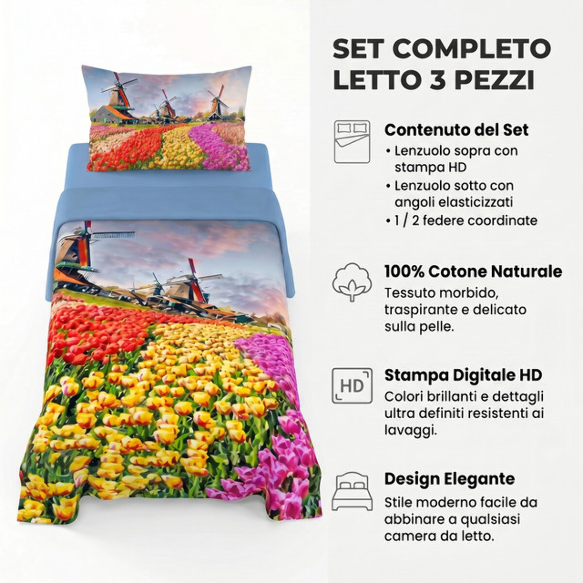 Completo lenzuola singolo in cotone con stampa alta qualità, set letto con lenzuolo sopra, sotto con angoli e federa, morbido e traspirante per pelli sensibili, resistente ai lavaggi, colori brillanti nel tempo, certificato OEKO-TEX, comfort quotidiano
