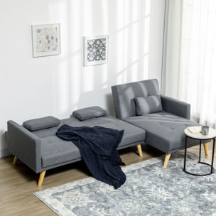 Canapé d'angle convertible 3 places design scandinave - réversible, effet capitonné, 3 coussins déco - piètement bois tissu aspect lin gris