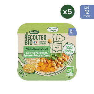 5 Assiettes Carottes, Pois Chiches, Epinards, Quinoa (5x230g) - Les Récoltes Bio Dès 12 Mois