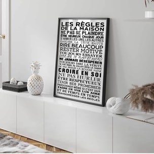 Affiche encadrée Les règles de la maison typographie noire et blanche Affiche + cadre en métal - Noir
