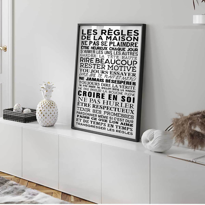Affiche encadrée Les règles de la maison typographie noire et blanche Affiche + cadre en métal - Noir