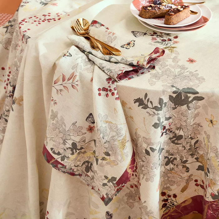 Serviette lin & coton lavé 150 g/m² imprimé beige bordeaux Vintage flowers cranberry